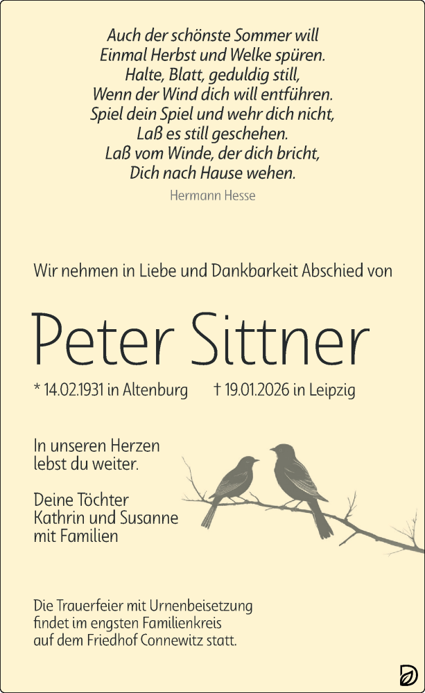  Traueranzeige für Peter Sittner vom 21.02.2026 aus Leipziger Volkszeitung