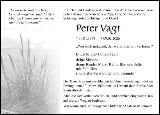 Traueranzeige von Peter Vagt von Ostsee-Zeitung GmbH