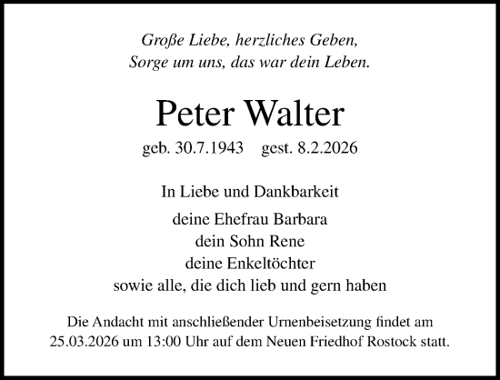 Traueranzeige von Peter Walter von Ostsee-Zeitung GmbH