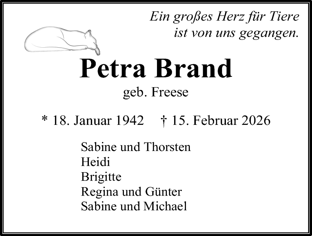  Traueranzeige für Petra Brand vom 21.02.2026 aus Kieler Nachrichten