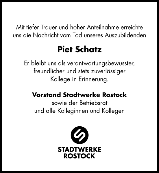 Traueranzeige von Piet Schatz von Ostsee-Zeitung GmbH