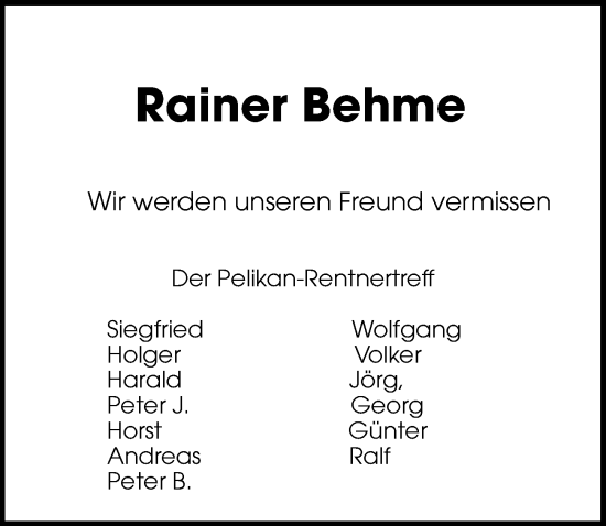 Traueranzeige von Rainer Behme von Peiner Allgemeine Zeitung