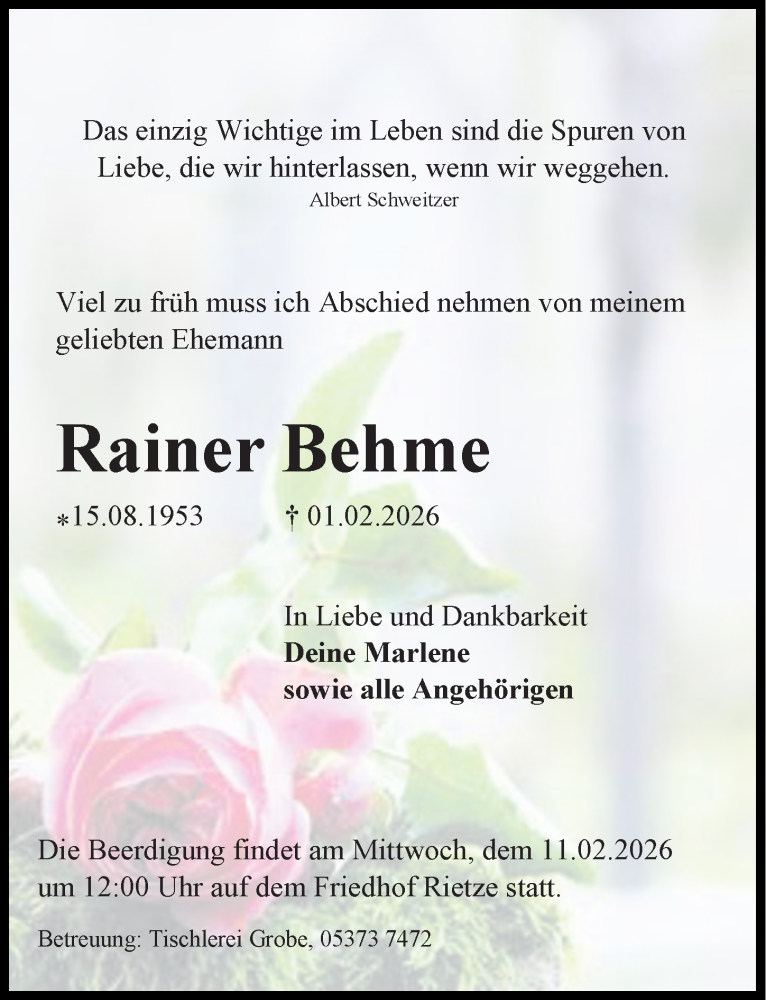  Traueranzeige für Rainer Behme vom 07.02.2026 aus Peiner Allgemeine Zeitung