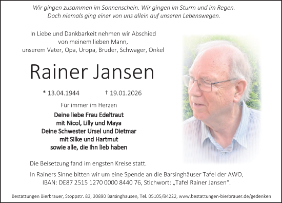 Traueranzeige von Rainer Jansen von Hannoversche Allgemeine Zeitung/Neue Presse