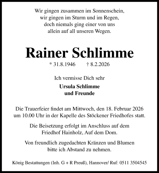Traueranzeige von Rainer Schlimme von Hannoversche Allgemeine Zeitung/Neue Presse
