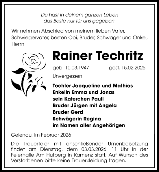 Traueranzeige von Rainer Techritz von Sächsische Zeitung