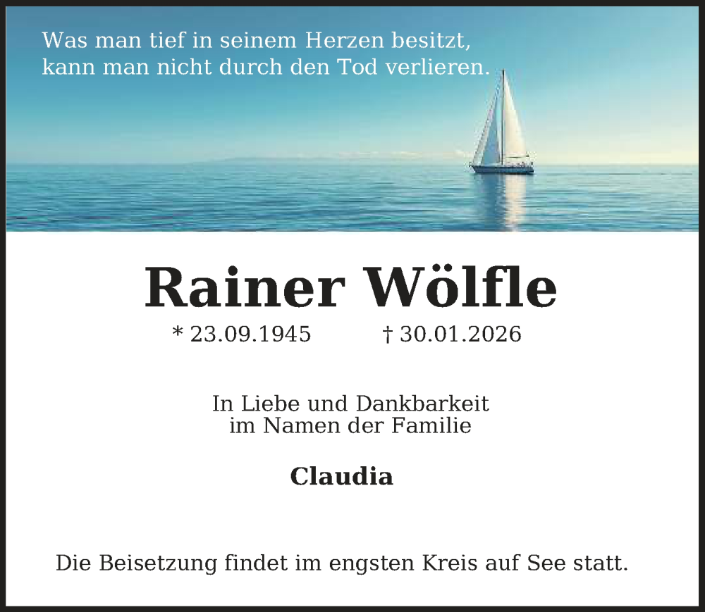  Traueranzeige für Rainer Wölfle vom 07.02.2026 aus Hannoversche Allgemeine Zeitung/Neue Presse
