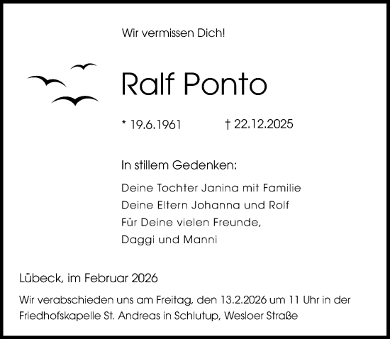 Traueranzeige von Ralf Ponto von Lübecker Nachrichten