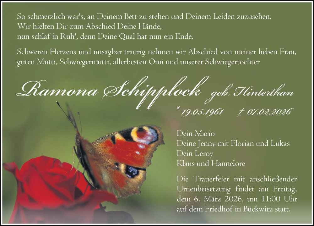  Traueranzeige für Ramona Schipplock vom 14.02.2026 aus Wochenspiegel