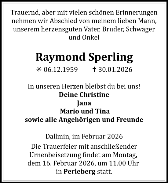 Traueranzeige von Raymond Sperling von Wochenspiegel