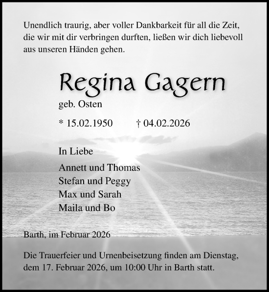 Traueranzeige von Regina Gagern von Ostsee-Zeitung GmbH