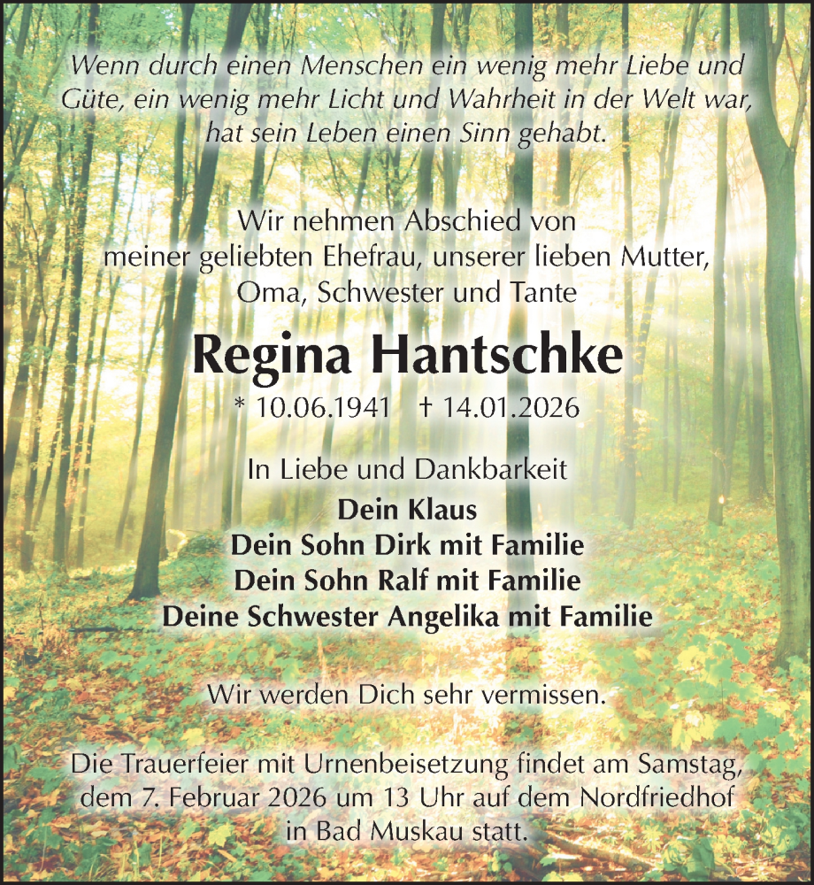  Traueranzeige für Regina Hantschke vom 24.01.2026 aus Sächsische Zeitung