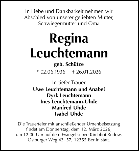 Traueranzeige von Regina Leuchtemann von Leipziger Volkszeitung