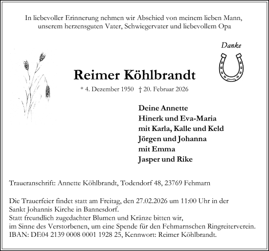 Traueranzeige von Reimer Köhlbrandt von Lübecker Nachrichten