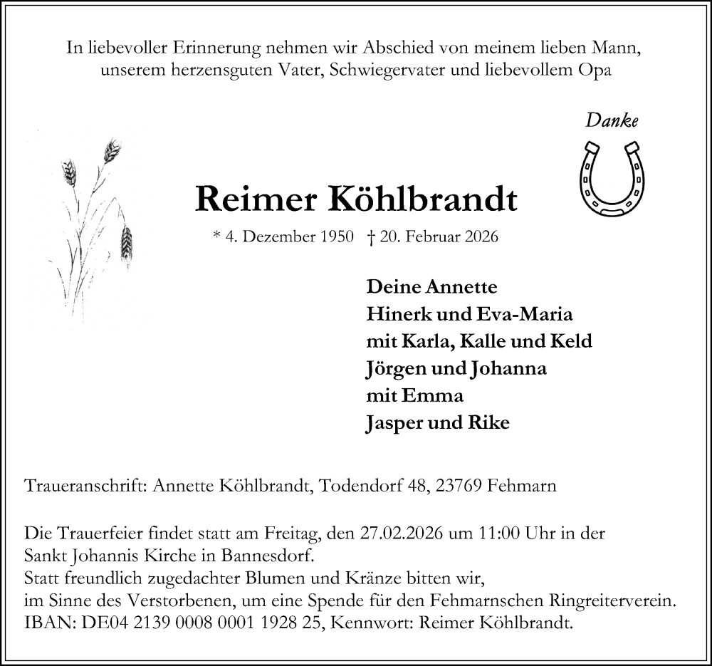  Traueranzeige für Reimer Köhlbrandt vom 25.02.2026 aus Lübecker Nachrichten