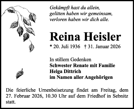 Traueranzeige von Reina Heisler von Sächsische Zeitung