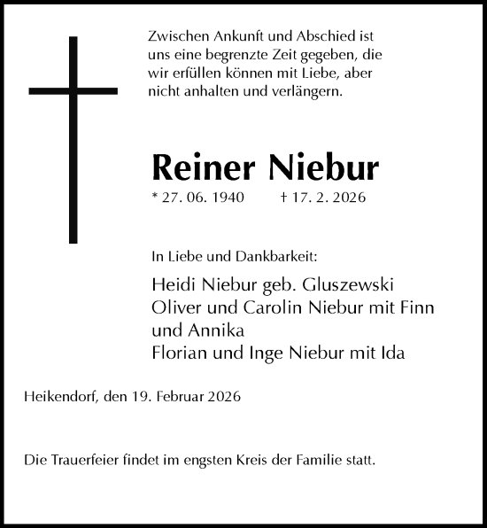 Traueranzeige von Reiner Niebur von Kieler Nachrichten