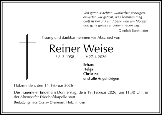 Traueranzeige von Reiner Weise von Täglicher Anzeiger Holzminden