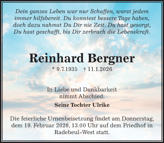 Traueranzeige von Reinhard Bergner von Sächsische Zeitung