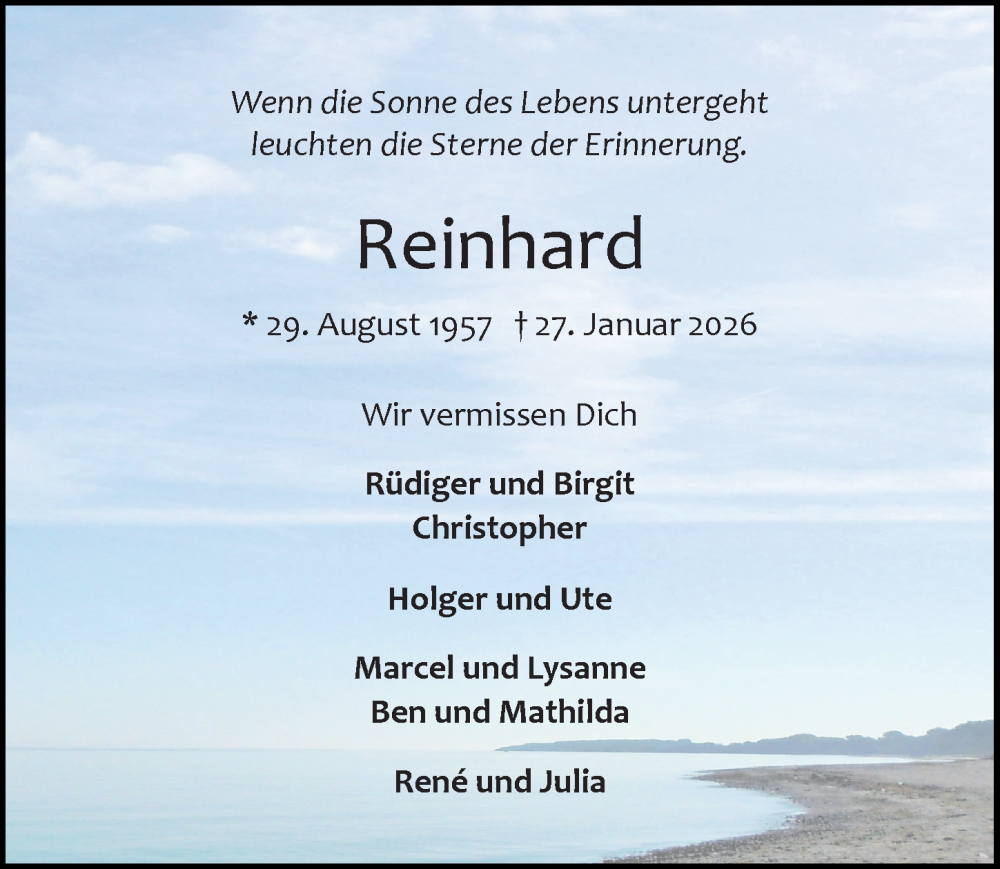  Traueranzeige für Reinhard Dehmke vom 01.02.2026 aus Lübecker Nachrichten