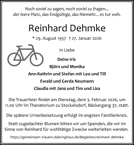 Traueranzeige von Reinhard Dehmke von Lübecker Nachrichten
