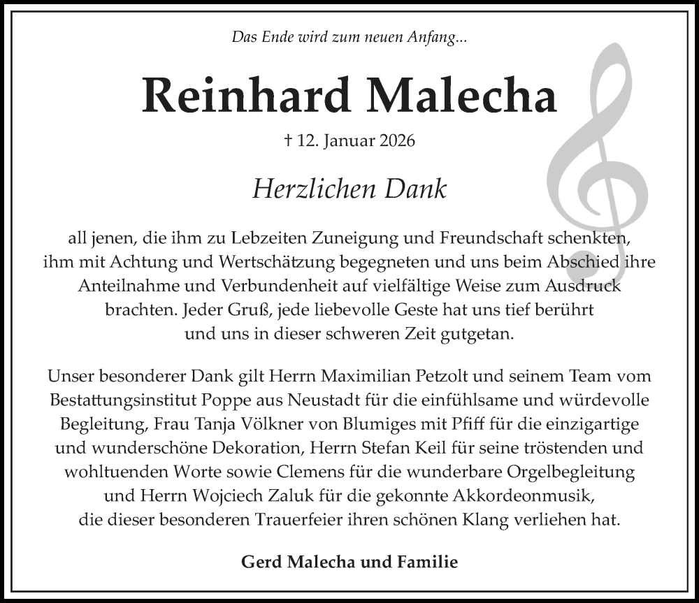  Traueranzeige für Reinhard Malecha vom 07.02.2026 aus Die Harke
