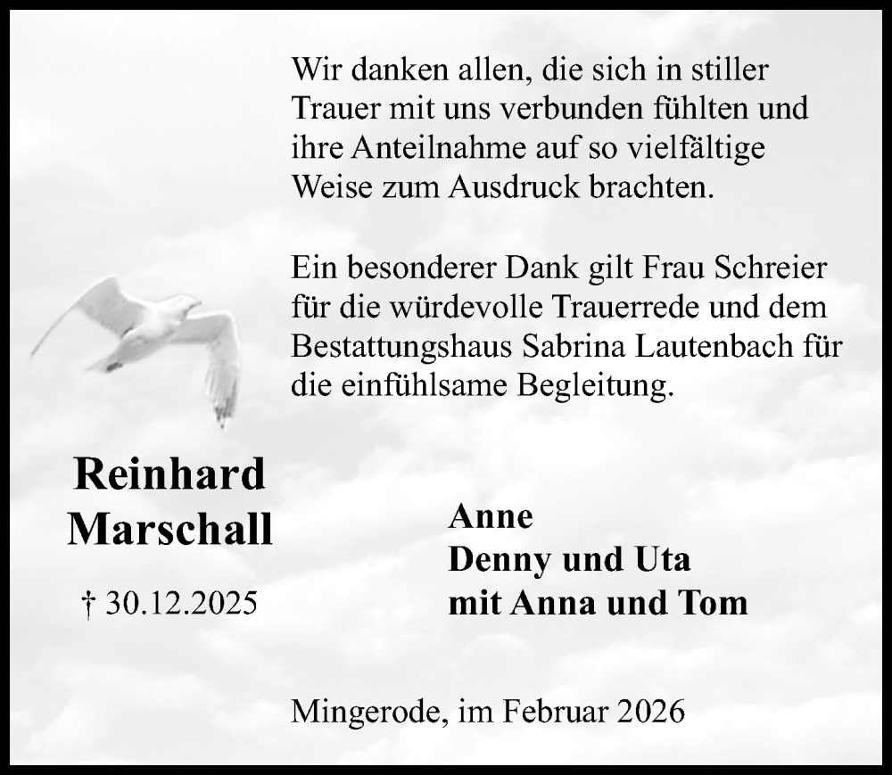  Traueranzeige für Reinhard Marschall vom 14.02.2026 aus Eichsfelder Tageblatt