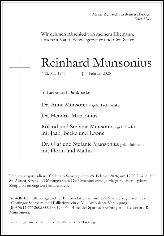 Traueranzeige für Reinhard Munsonius vom 14.02.2026 aus Göttinger Tageblatt