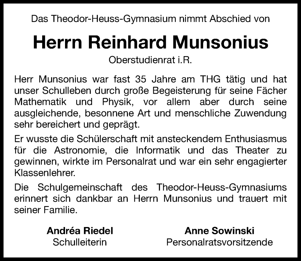  Traueranzeige für Reinhard Munsonius vom 14.02.2026 aus Göttinger Tageblatt