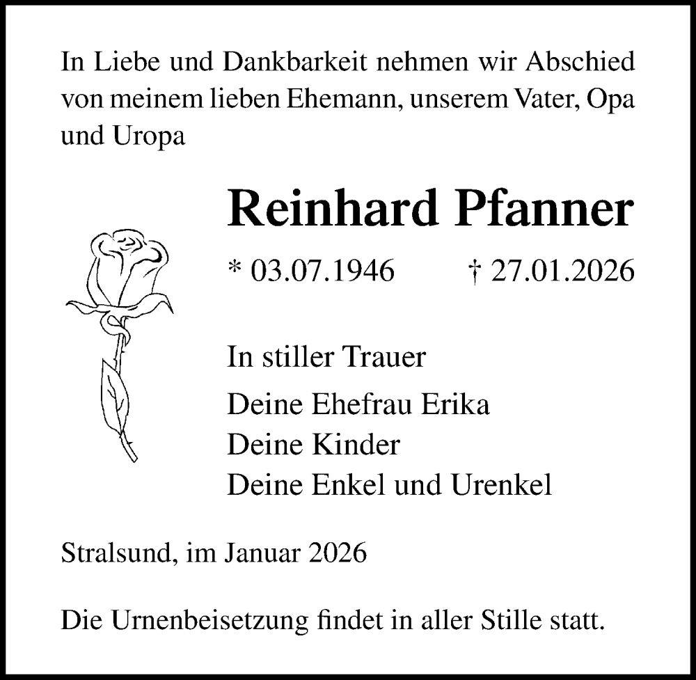  Traueranzeige für Reinhard Pfanner vom 07.02.2026 aus Ostsee-Zeitung GmbH
