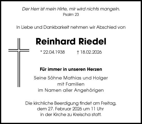 Traueranzeige von Reinhard Riedel von Sächsische Zeitung