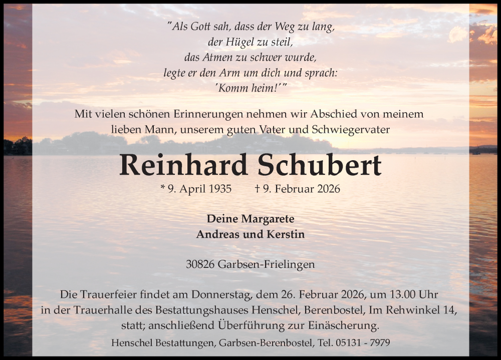  Traueranzeige für Reinhard Schubert vom 21.02.2026 aus Hannoversche Allgemeine Zeitung/Neue Presse