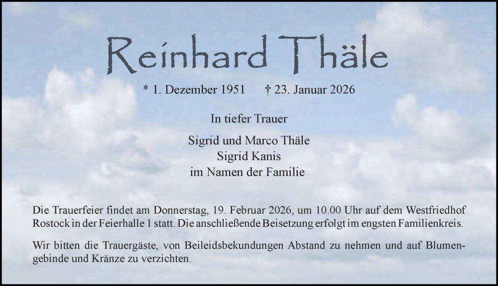  Traueranzeige für Reinhard Thäle vom 07.02.2026 aus Ostsee-Zeitung GmbH