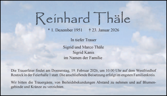 Traueranzeige von Reinhard Thäle von Ostsee-Zeitung GmbH
