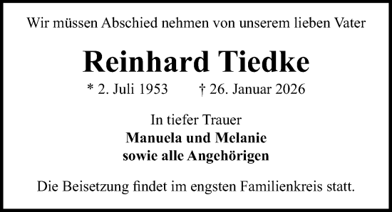 Traueranzeige von Reinhard Tiedke von Lübecker Nachrichten