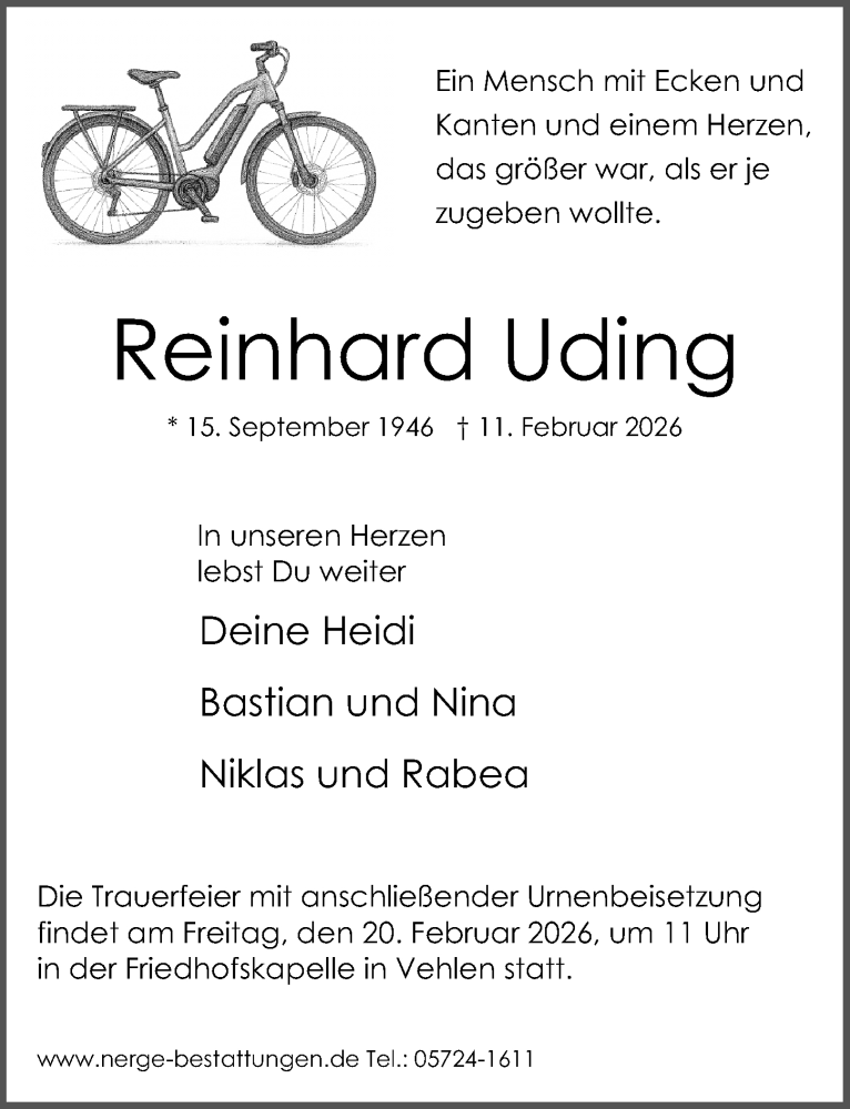  Traueranzeige für Reinhard Uding vom 14.02.2026 aus Schaumburger Nachrichten