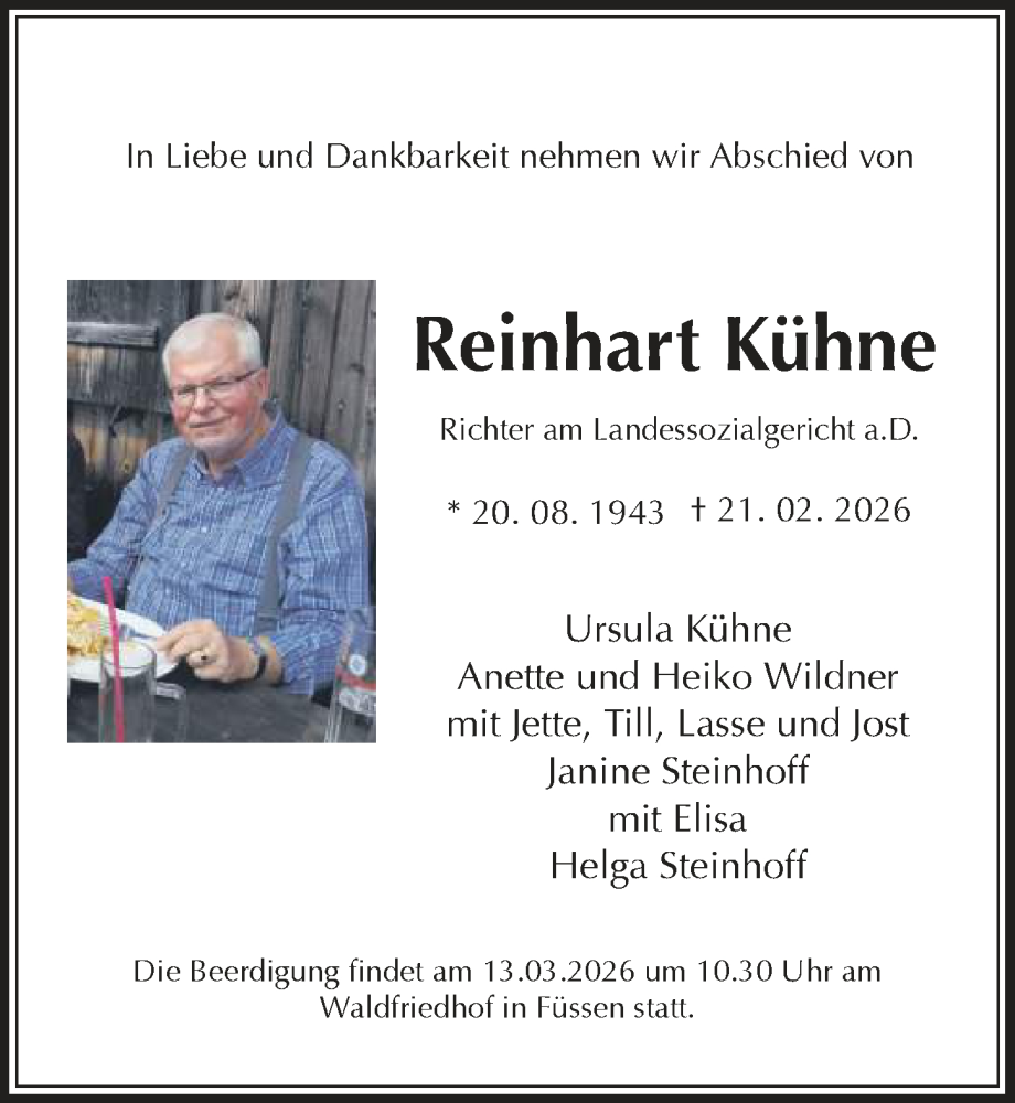  Traueranzeige für Reinhart Kühne vom 28.02.2026 aus Hannoversche Allgemeine Zeitung/Neue Presse