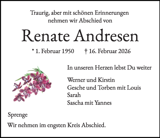 Traueranzeige von Renate Andresen von Kieler Nachrichten