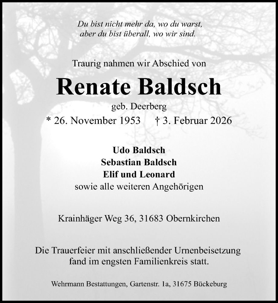  Traueranzeige für Renate Baldsch vom 21.02.2026 aus Schaumburger Nachrichten