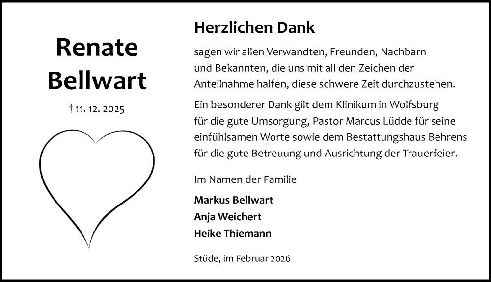  Traueranzeige für Renate Bellwart vom 14.02.2026 aus Aller Zeitung