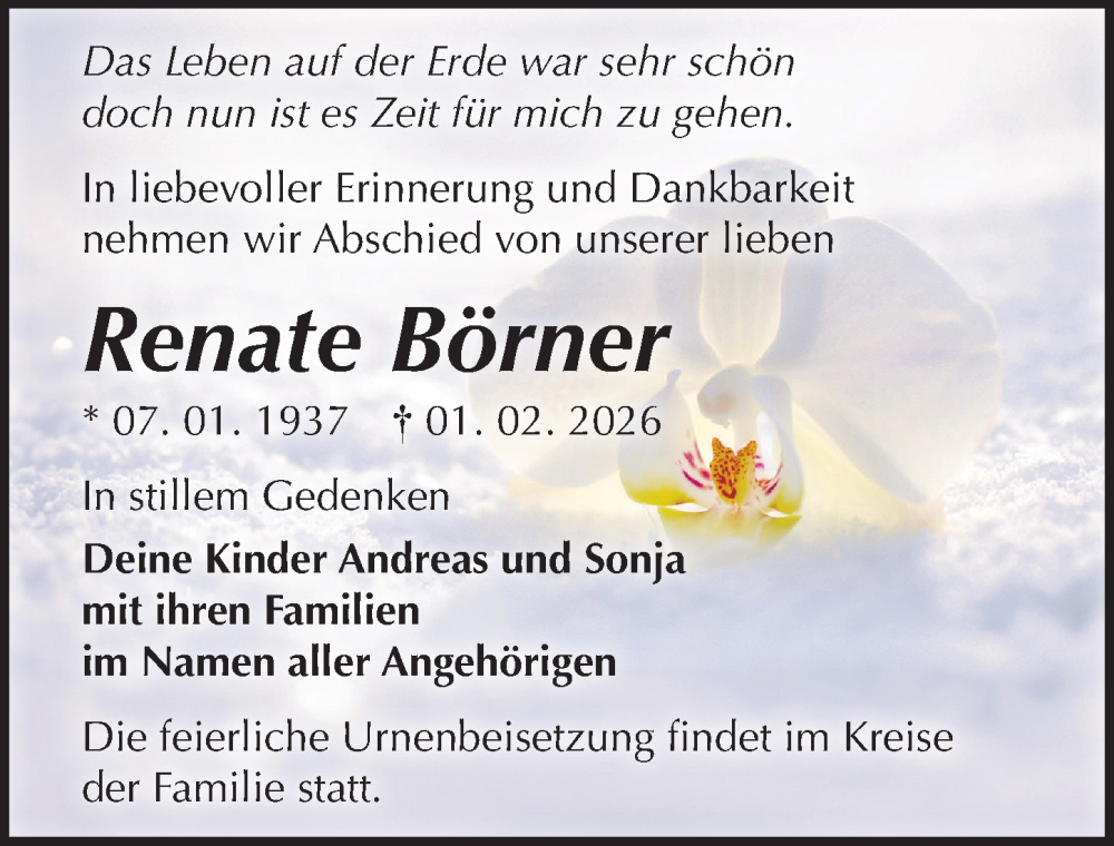  Traueranzeige für Renate Börner vom 07.02.2026 aus Sächsische Zeitung