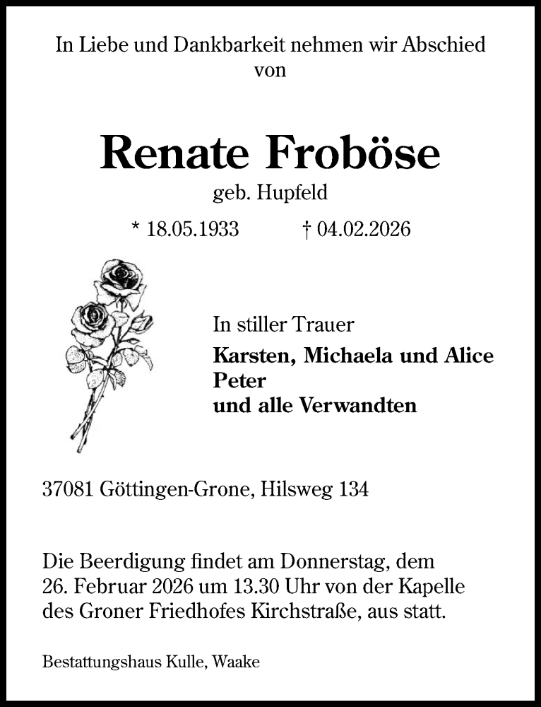  Traueranzeige für Renate Froböse vom 14.02.2026 aus Göttinger Tageblatt