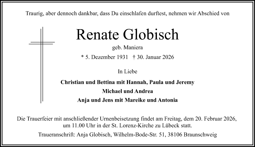  Traueranzeige für Renate Globisch vom 08.02.2026 aus Lübecker Nachrichten
