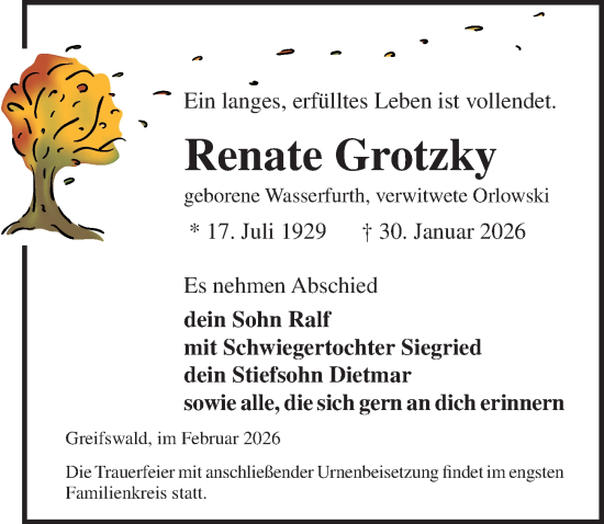 Traueranzeige von Renate Grotzky von Ostsee-Zeitung GmbH