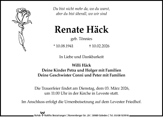 Traueranzeige von Renate Häck von Hannoversche Allgemeine Zeitung/Neue Presse