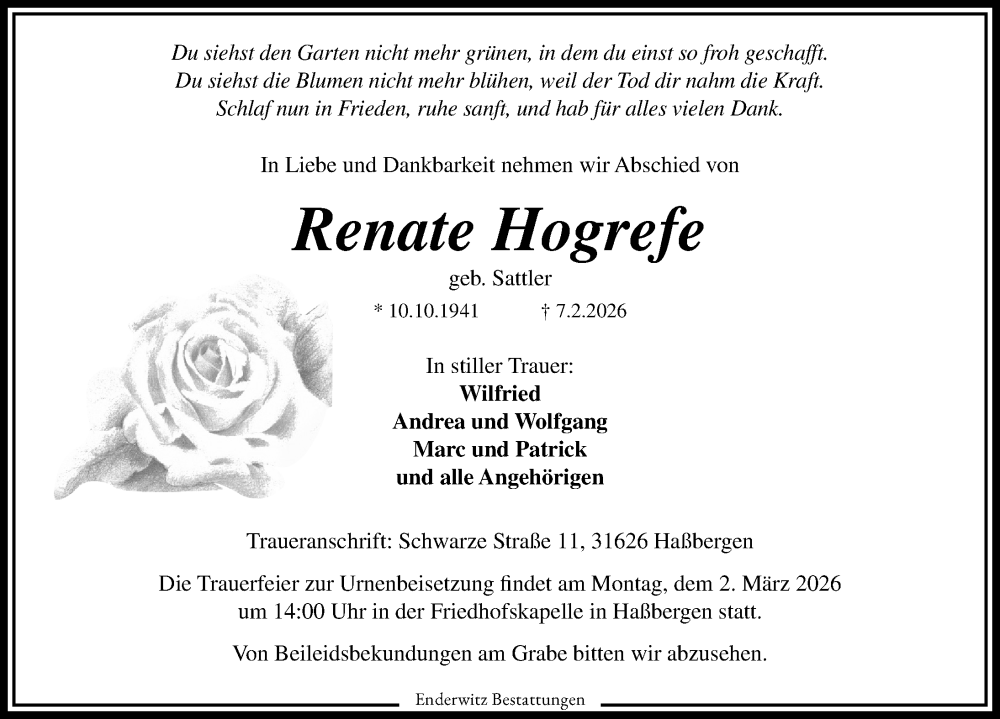  Traueranzeige für Renate Hogrefe vom 21.02.2026 aus Die Harke