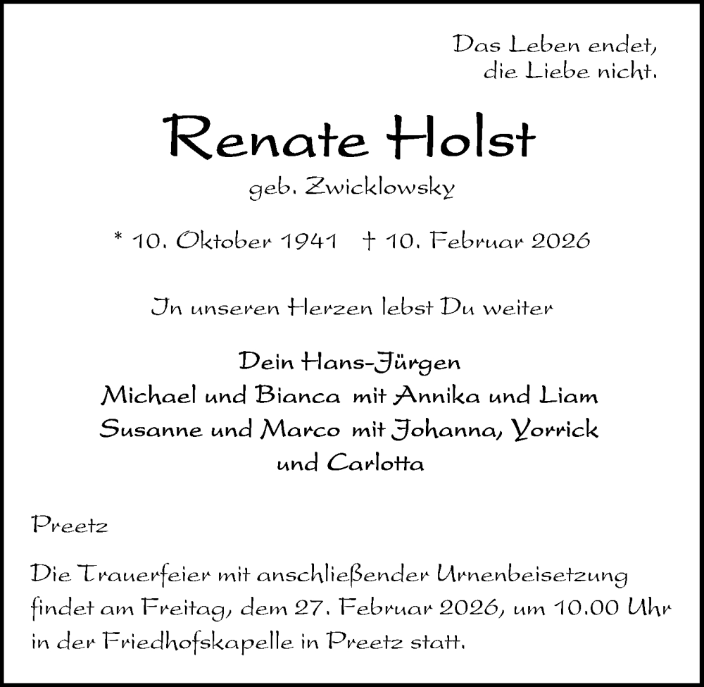  Traueranzeige für Renate Holst vom 21.02.2026 aus Kieler Nachrichten