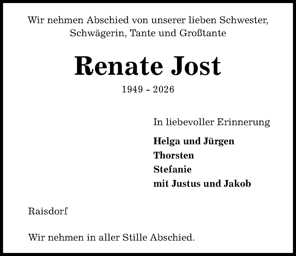  Traueranzeige für Renate Jost vom 07.02.2026 aus Kieler Nachrichten
