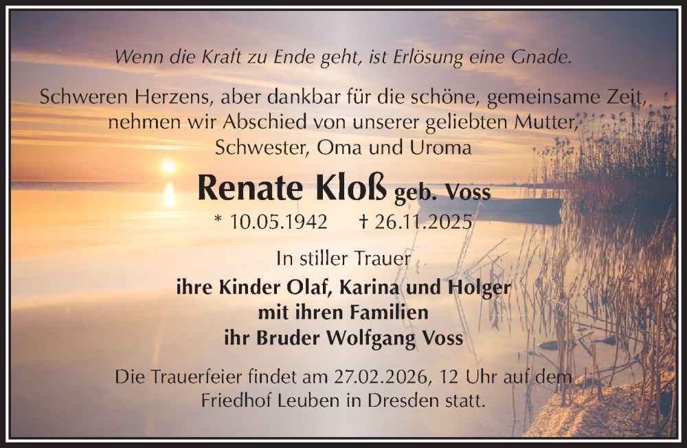  Traueranzeige für Renate Kloß vom 14.02.2026 aus Sächsische Zeitung