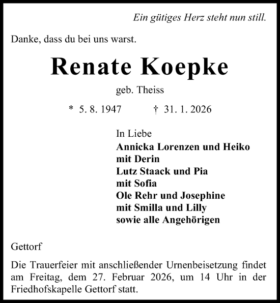 Traueranzeige von Renate Koepke von Kieler Nachrichten